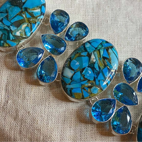 Gorgeous Copper Tibetan Turquoise + Blue Topaz cluster statement cuff bracelet - Picture 11 of 13